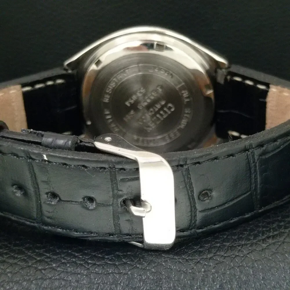 Vintage 1987 Citizen Manual Wound Mens Silver Watch W/Date & Blue accents